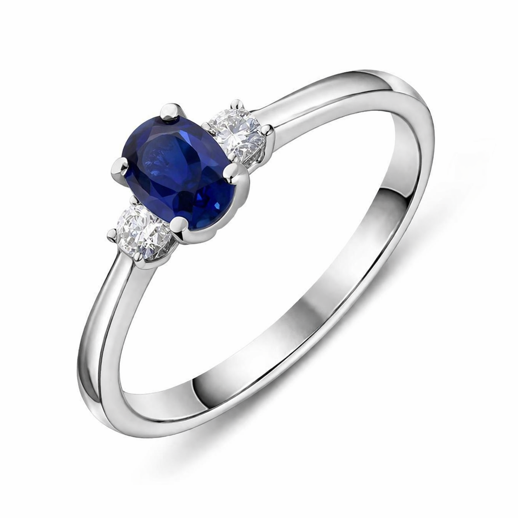 18ct White Gold 0.57ct Sapphire Diamond Oval Trilogy Ring DMN-1990 Image 1