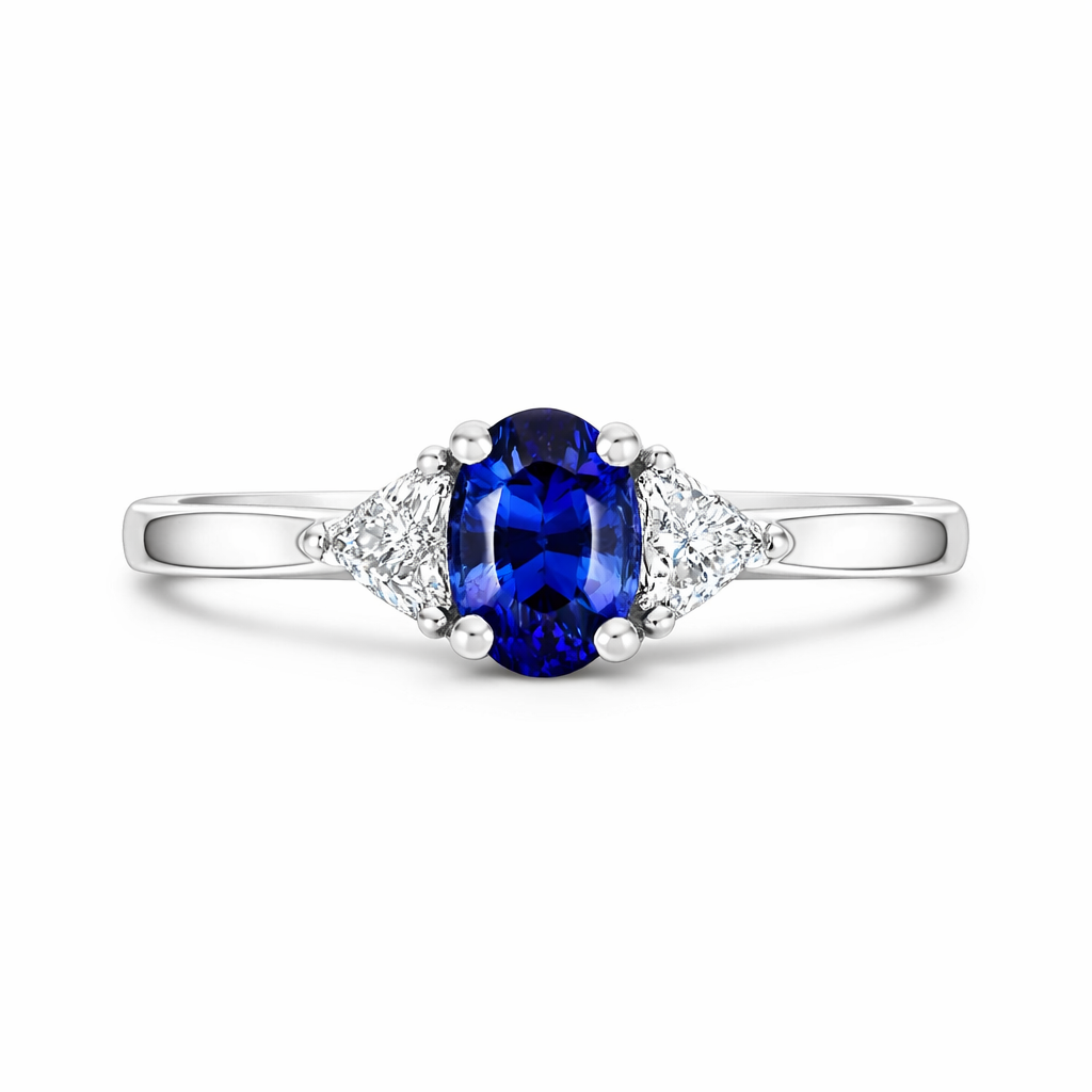 18ct White Gold 0.60ct Sapphire Diamond Oval and Trilliant Cut Three Stone Ring D663 Image 3