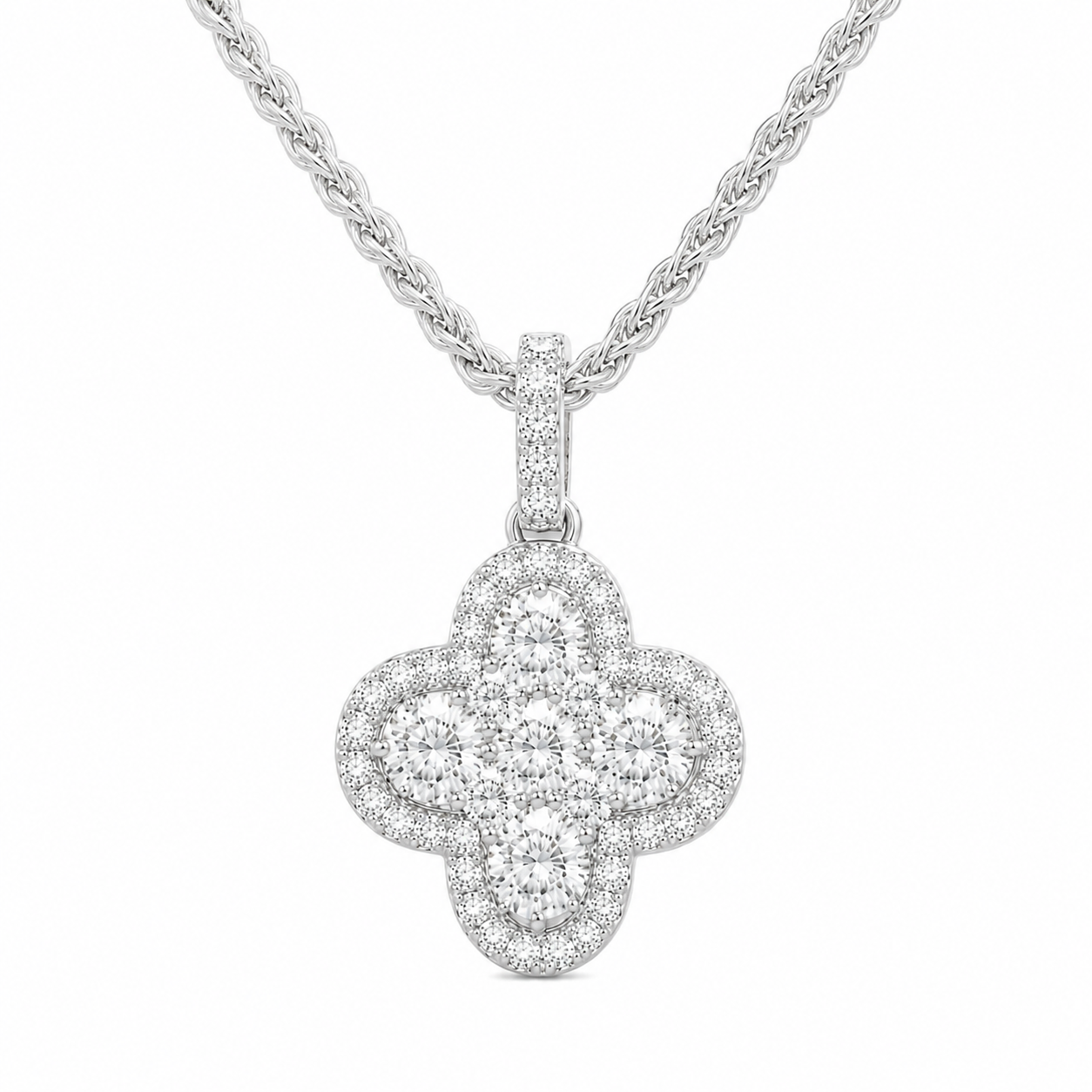 18ct White Gold 0.61ct Round Brilliant Diamond Clover Cluster Pendant & Chain DMN-3053 Image 2