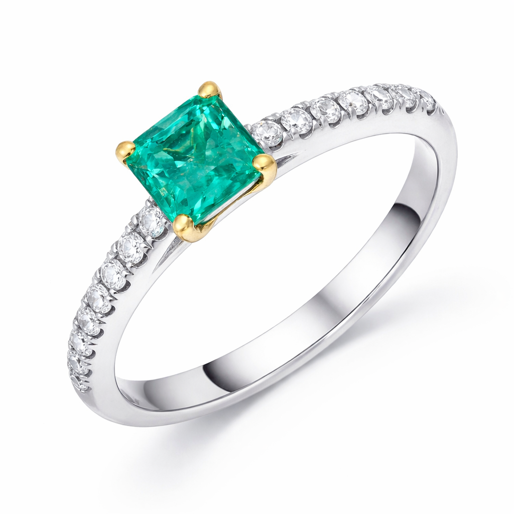 18ct White Gold 0.62ct Emerald and Diamond Square Centre Ring TVO-416 Image 1