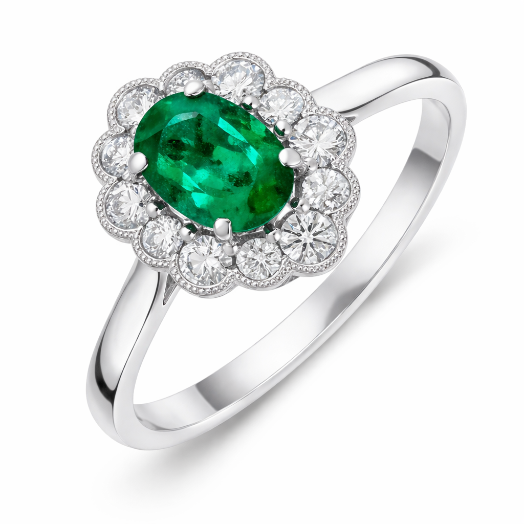 18ct White Gold 0.66ct Emerald and Diamond Cluster Ring DMN-1491 Image 1