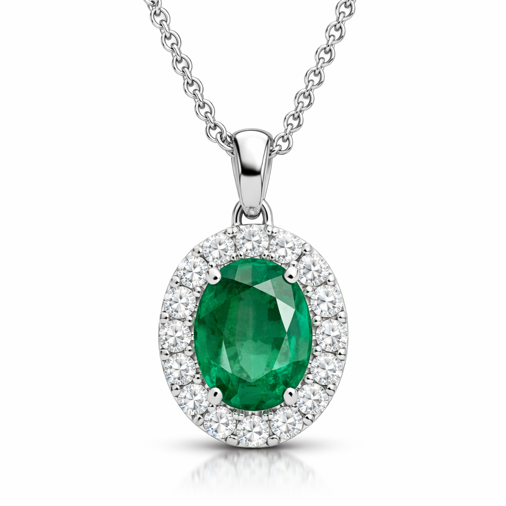 18ct White Gold 0.75ct Emerald Diamond Oval Necklace DMN-1791 Image 1