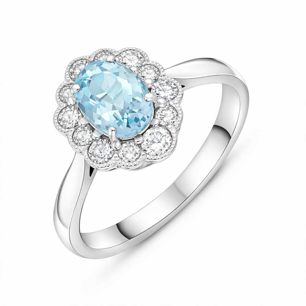 18ct White Gold 0.78ct Aquamarine Diamond Halo Ring DMN-2769 Image 1