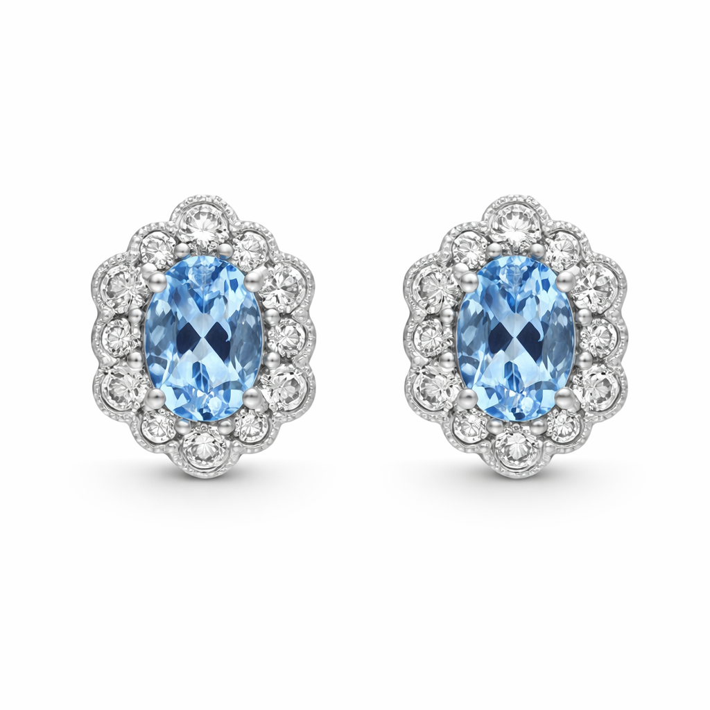 18ct White Gold 0.78ct Aquamarine Diamond Oval Cluster Stud Earrings 59470AQ Image 1