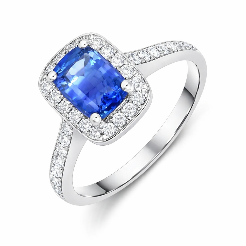 18ct White Gold 0.85ct Sapphire Diamond Cushion Cluster Ring DMN-1802 Image 1