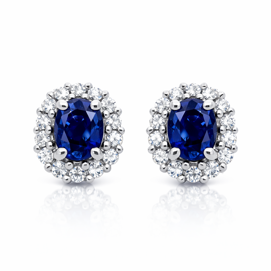 18ct White Gold 0.94ct Sapphire Diamond Oval Cluster Earrings DMN-259 Image 1