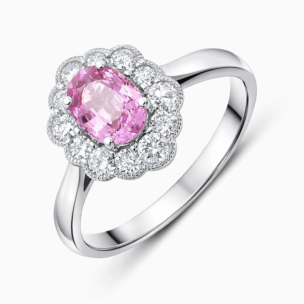 18ct White Gold 0.98ct Pink Sapphire Diamond Cluster Ring DMN-1532 Image 1