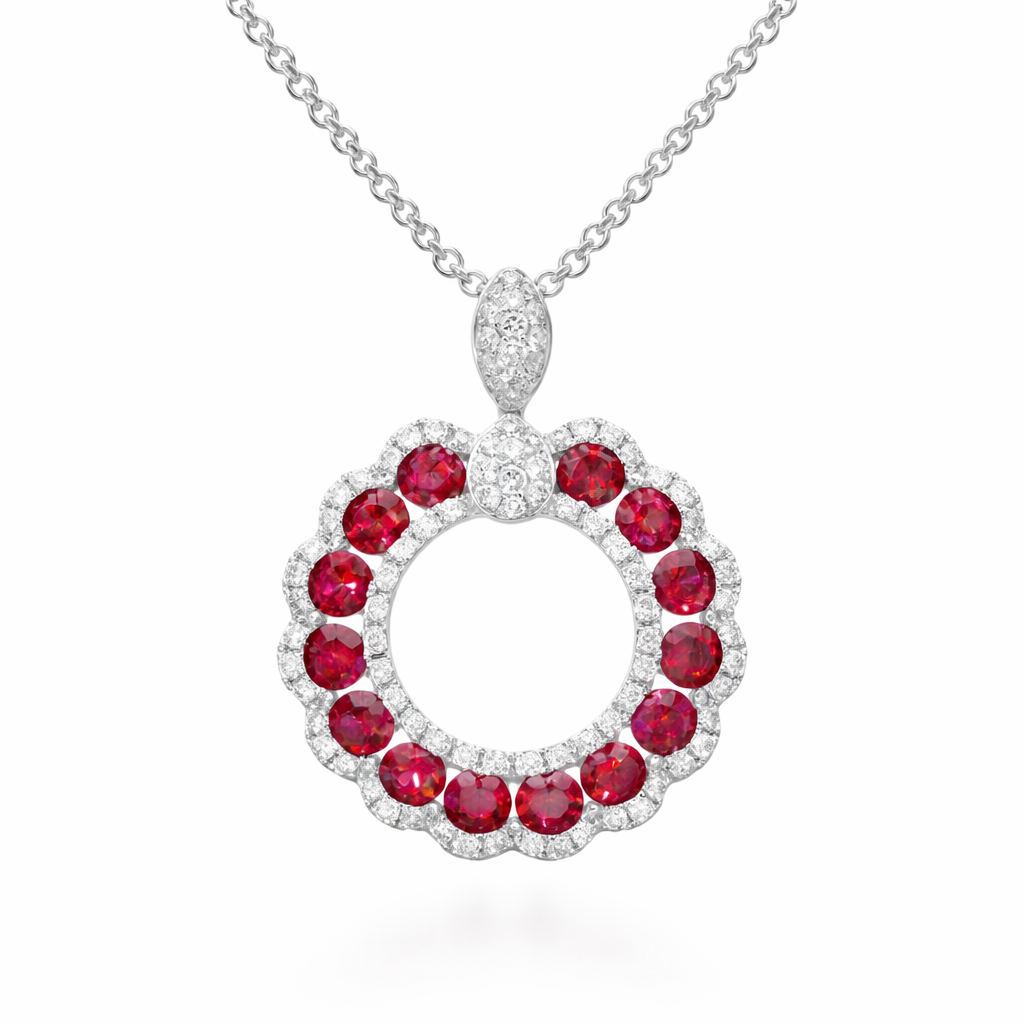18ct White Gold 1.08ct Ruby Diamond Open Cluster Necklace DMN-344 Image 1