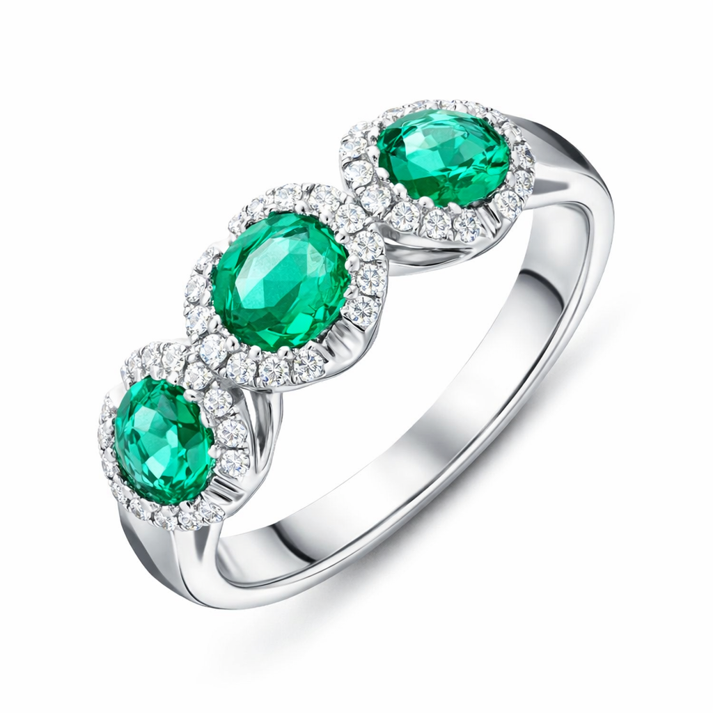 18ct White Gold 1.11ct Emerald 0.19ct Diamond Trilogy Cluster Ring DMN-2288 Image 1