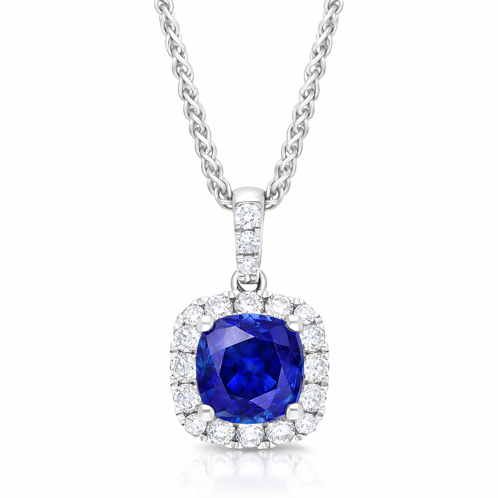 18ct White Gold 1.13ct Sapphire 0.24ct Diamond Cushion Cut Necklace H1899 Image 1