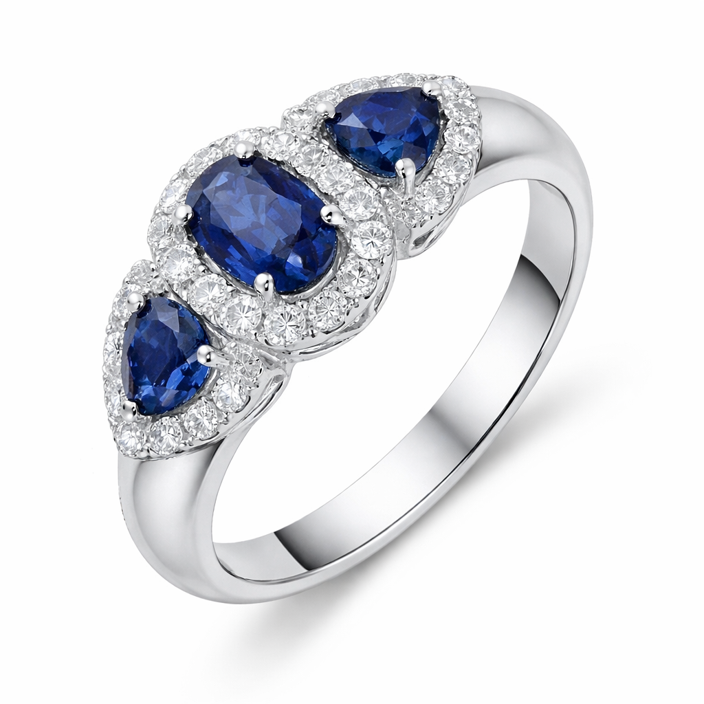 18ct White Gold 1.30ct Sapphire Diamond Cluster Trilogy Ring DMN-1227 Image 1