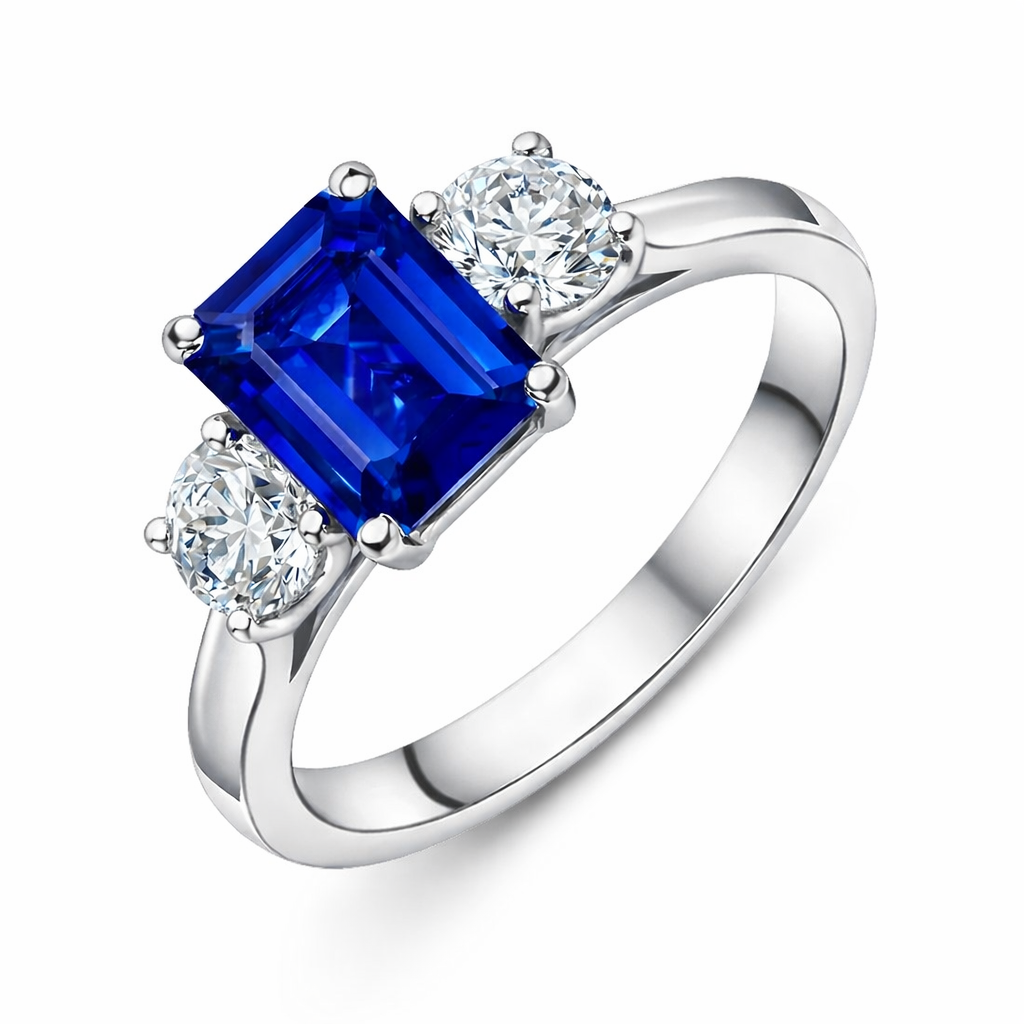 18ct White Gold 1.39ct Sapphire 0.66ct Diamond Emerald Cut Trilogy Ring DMN-1996 Image 1