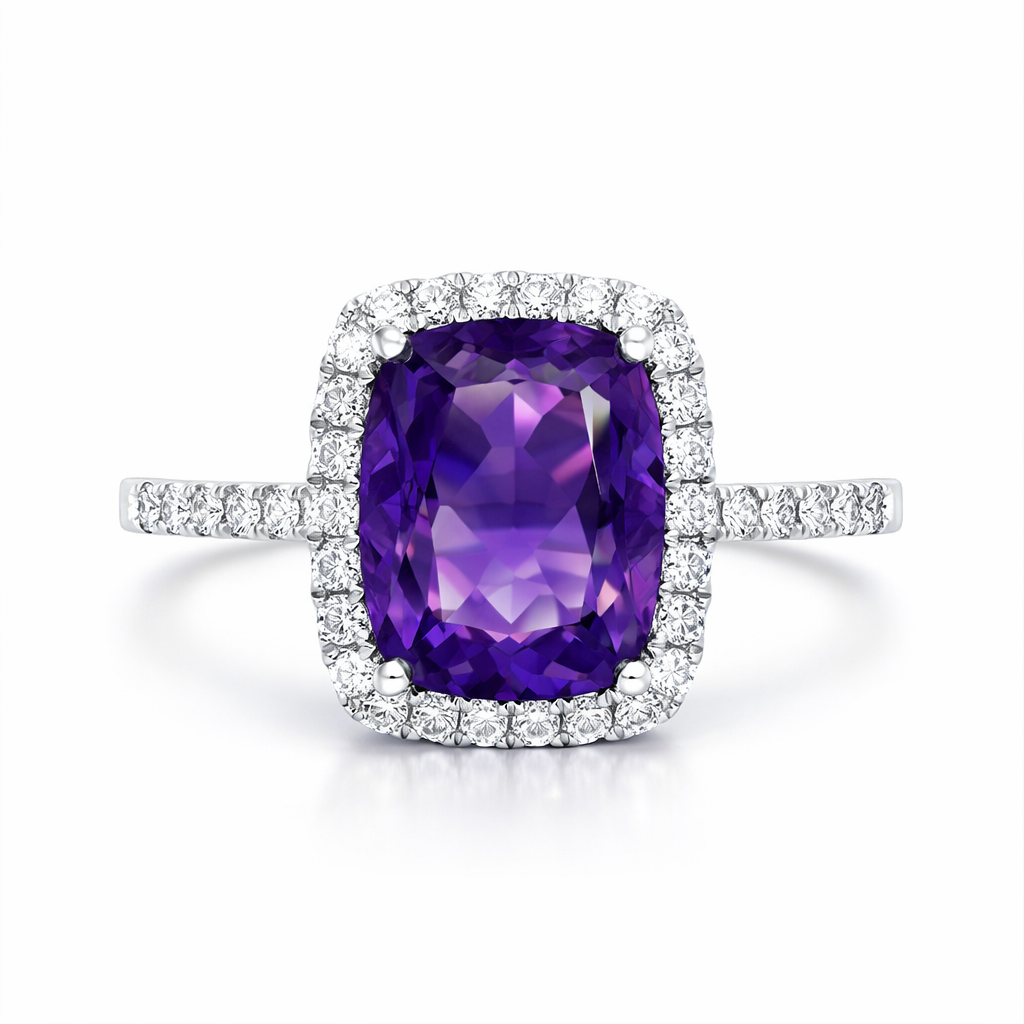 18ct White Gold 2.58ct Amethyst Diamond Shoulder Set Halo Ring H46 Image 2