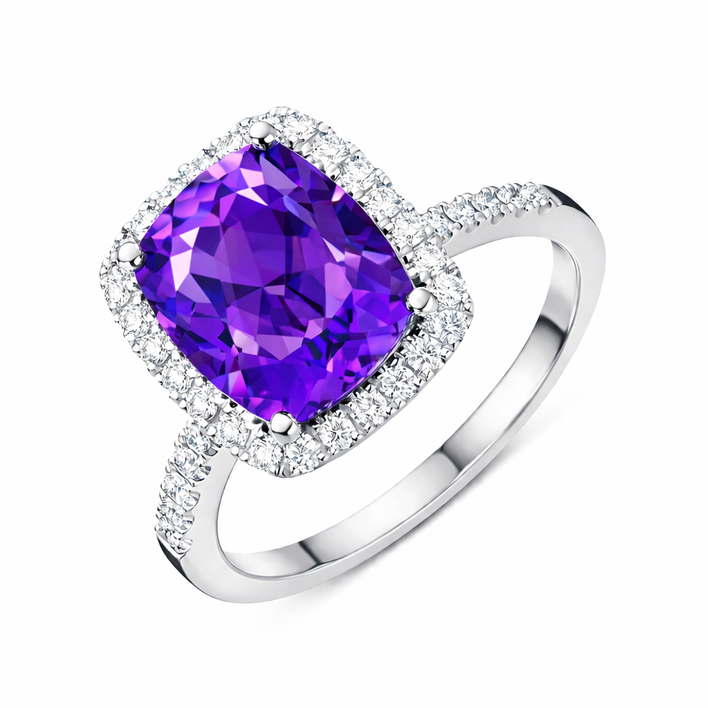 18ct White Gold 2.73ct Amethyst Diamond Cushion Cut Ring DMN-1994 Image 1