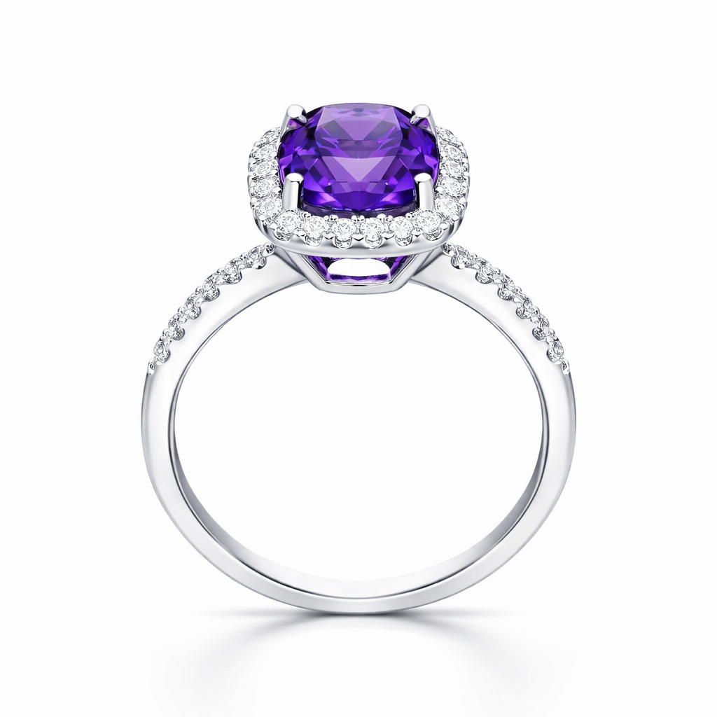 18ct White Gold 2.73ct Amethyst Diamond Cushion Cut Ring DMN-1994 Image 2