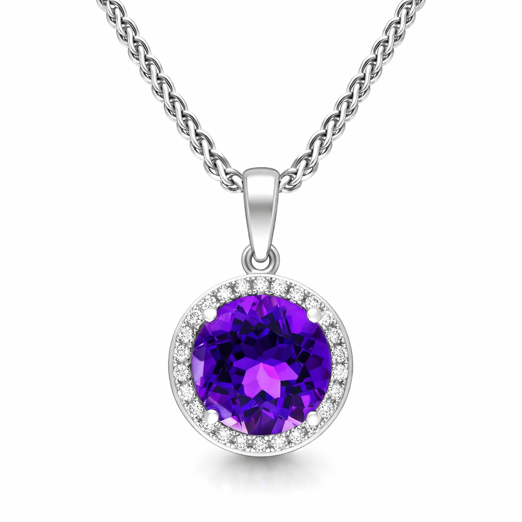 18ct White Gold Amethyst Diamond Round Cluster Necklace F173 Image 1