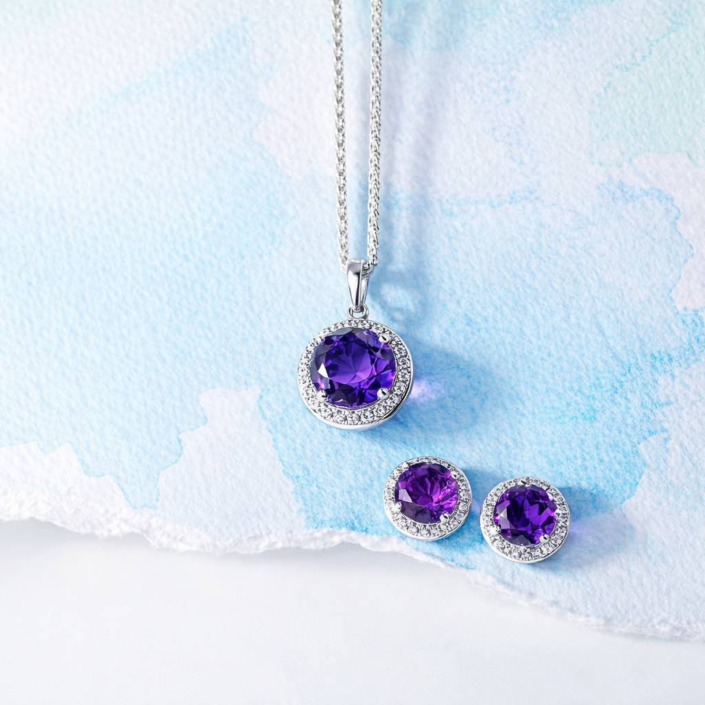 18ct White Gold Amethyst Diamond Round Cluster Necklace F173 Image 3