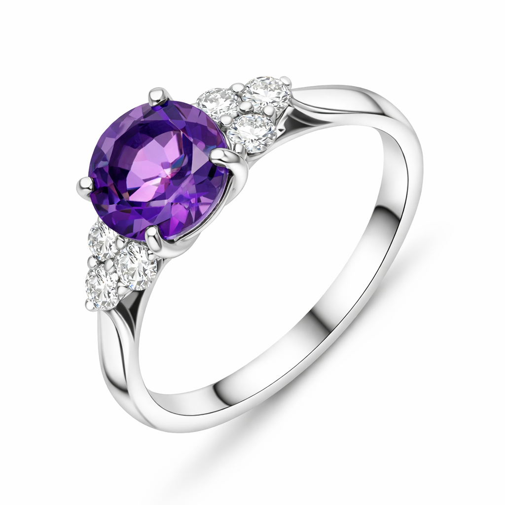 18ct White Gold Amethyst Diamond Round Cut Cluster Ring J672 Image 1