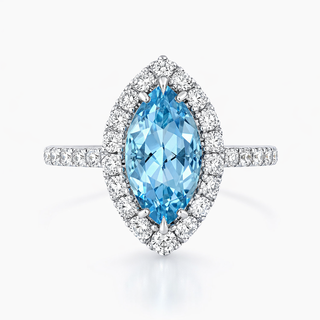 18ct White Gold Aquamarine Diamond Marquise Cut Shoulder Set Cluster Ring D656 Image 2