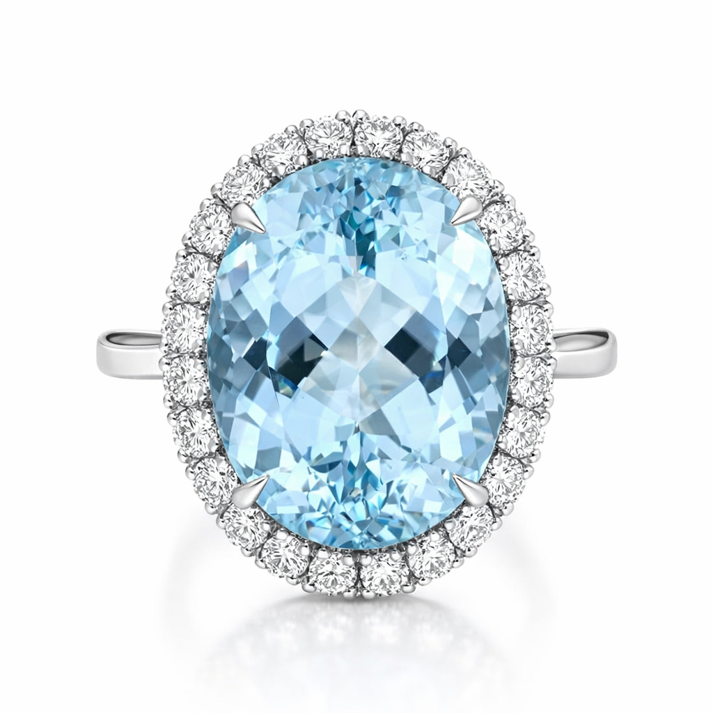 18ct White Gold Aquamarine Diamond Oval Cluster Statement Ring C2153 Image 2