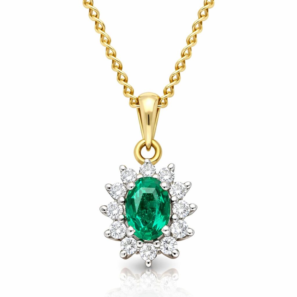 18ct White Gold Emerald and Diamond Cluster Necklace DMN-1221 Image 1