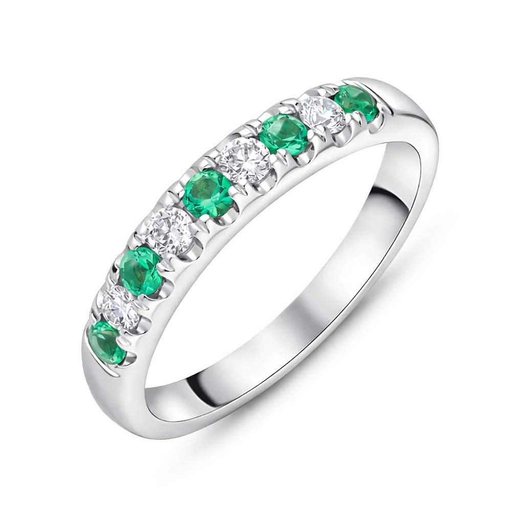 18ct White Gold Emerald Diamond Castle Set Half Eternity Ring DMN-2772 Image 1
