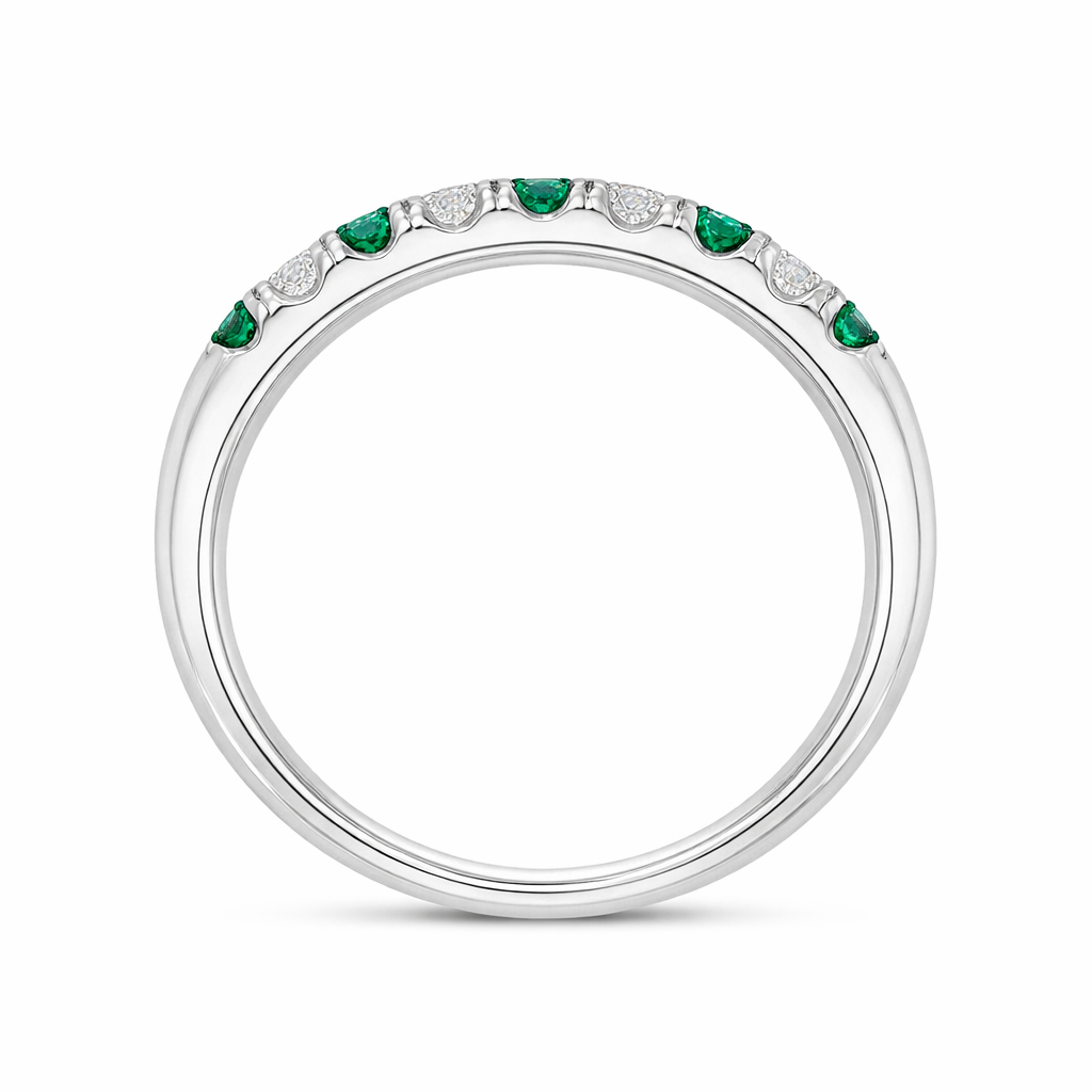 18ct White Gold Emerald Diamond Castle Set Half Eternity Ring DMN-2772 Image 2