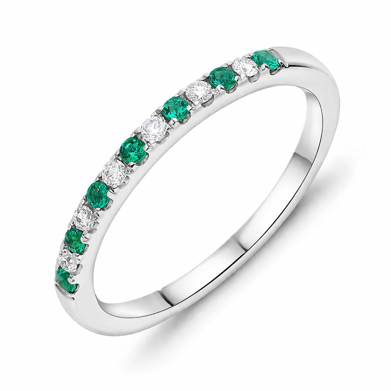 18ct White Gold Emerald Diamond Castle Set Half Eternity Ring H1637 Image 1