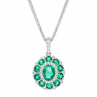 18ct White Gold Emerald Diamond Cluster Oval Pendant H168 Image 1