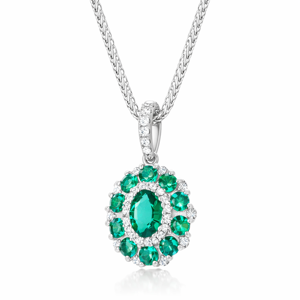 18ct White Gold Emerald Diamond Cluster Oval Pendant H168 Image 2