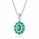 18ct White Gold Emerald Diamond Cluster Oval Pendant H168 Image 2