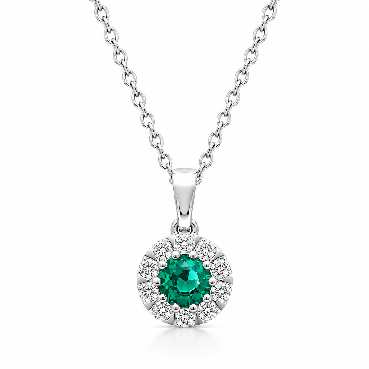 18ct White Gold Emerald Diamond Cluster Pendant