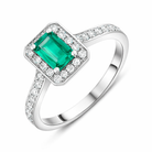 18ct White Gold Emerald Diamond Emerald Cut Halo Ring DMN-968 Image 1