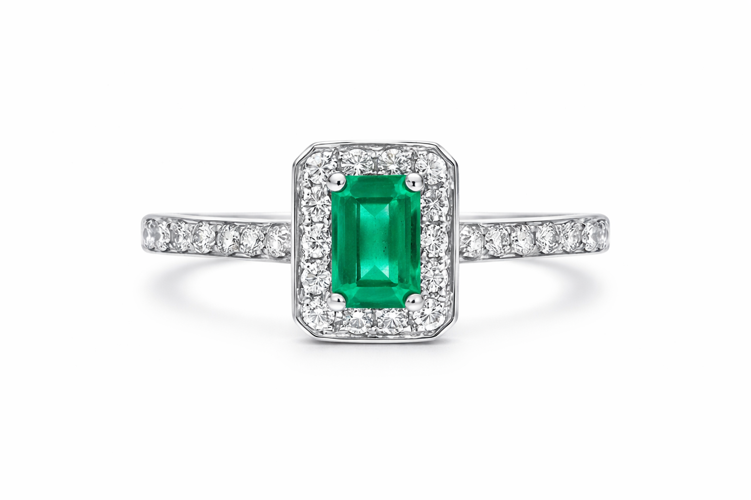 18ct White Gold Emerald Diamond Emerald Cut Halo Ring DMN-968 Image 2