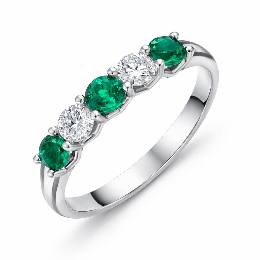 18ct White Gold Emerald Diamond Five Stone Half Eternity Ring 42706 Image 1