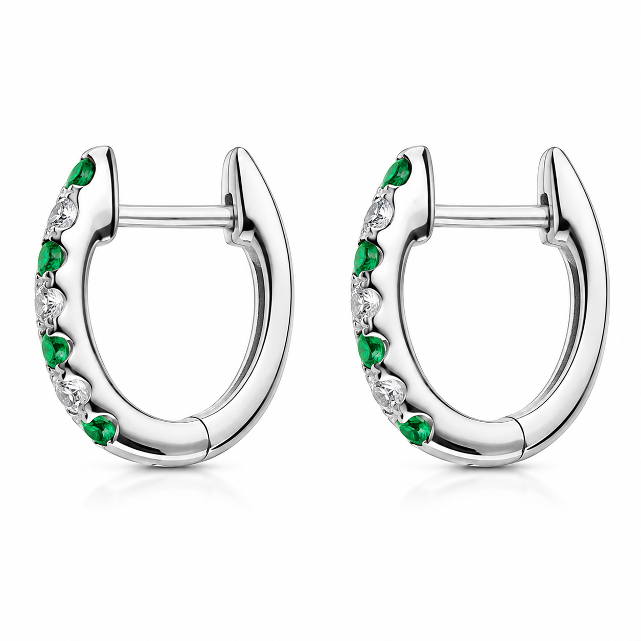18ct White Gold Emerald and Diamond Huggie Hoop Earrings - Image 2