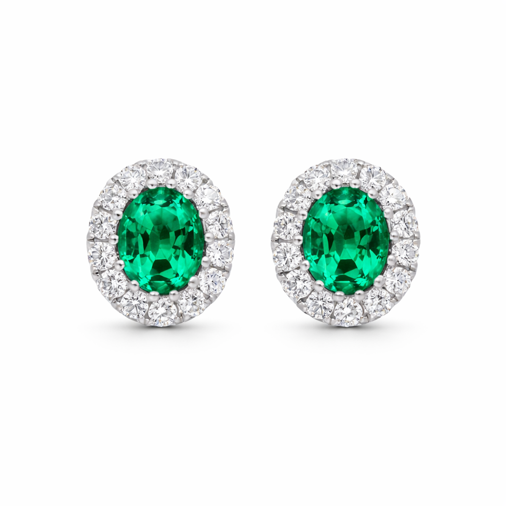 18ct White Gold Emerald Diamond Oval Cluster Stud Earrings 46852 Image 1