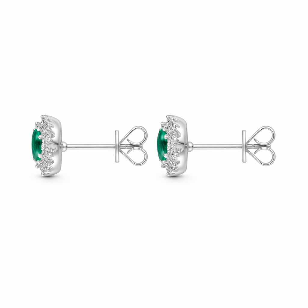 18ct White Gold Emerald Diamond Oval Cluster Stud Earrings 46852 Image 2