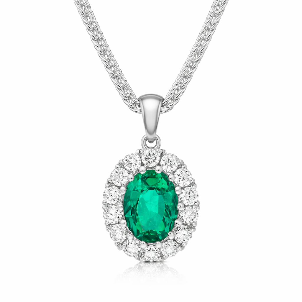 18ct White Gold Emerald Diamond Pave Oval Pendant 46839 Image 1