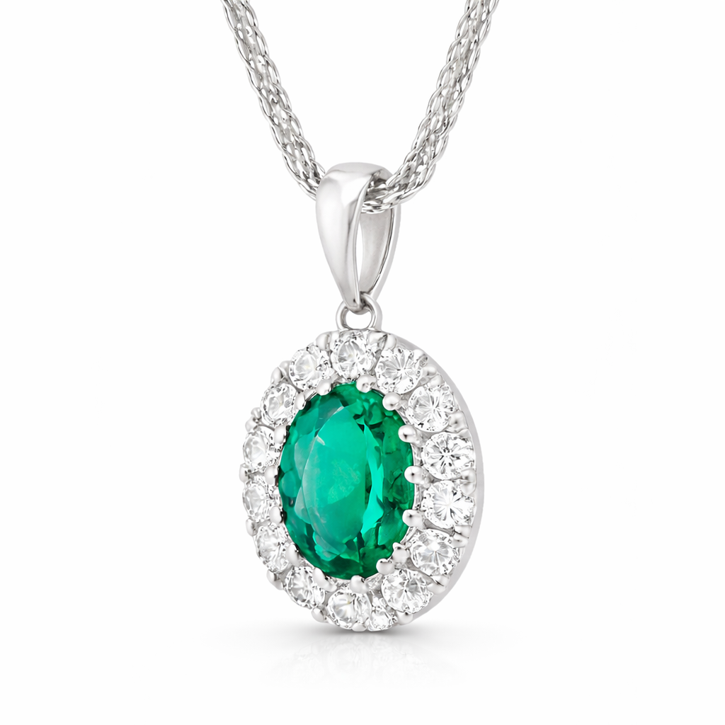 18ct White Gold Emerald Diamond Pave Oval Pendant 46839 Image 2