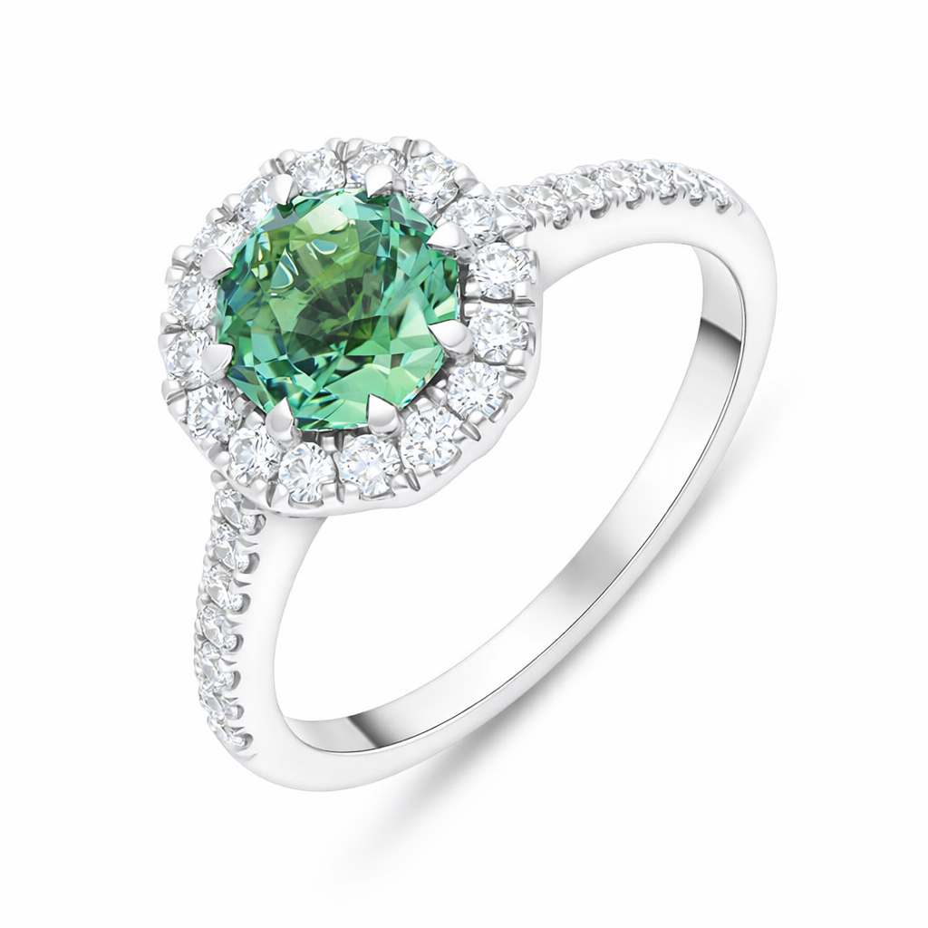 18ct White Gold Green Tourmaline Diamond Shoulder Set Octagon Cluster ...