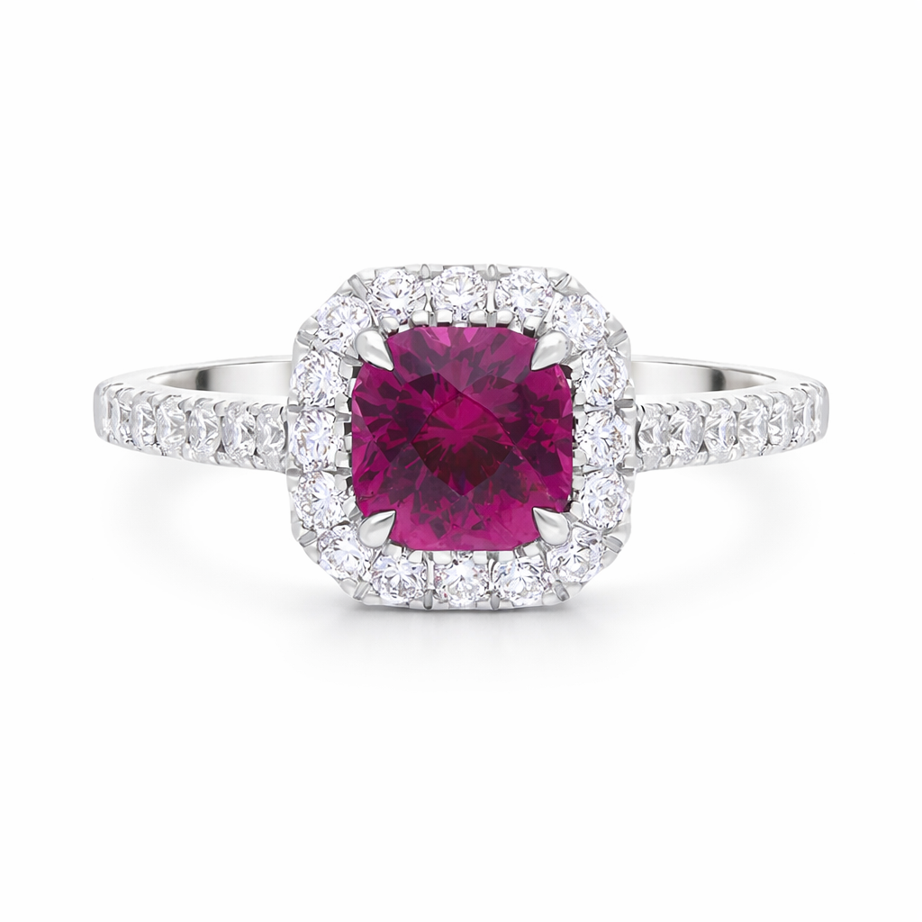18ct White Gold Pink Tourmaline Diamond Shoulder Set Cushion Cluster Ring H1973 Image 3