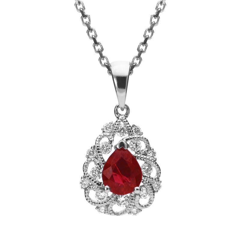 18ct White Gold Ruby and Diamond Pear Swirl Necklace P01126R Image 1
