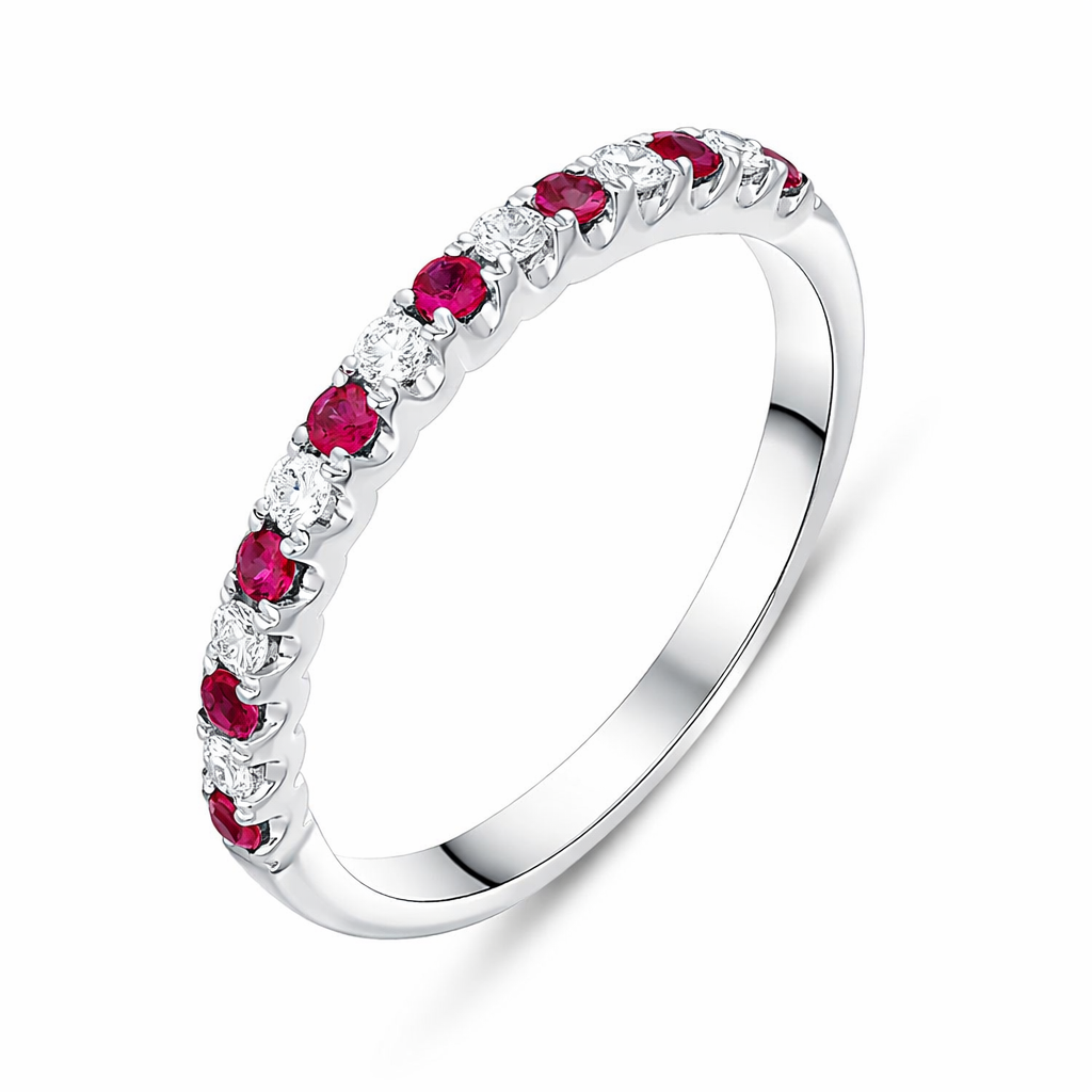 18ct White Gold Ruby Diamond Castle Set Half Eternity Ring G1256 Image 1