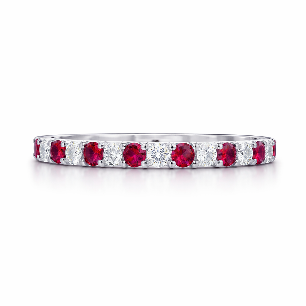 18ct White Gold Ruby Diamond Castle Set Half Eternity Ring G1256 Image 2