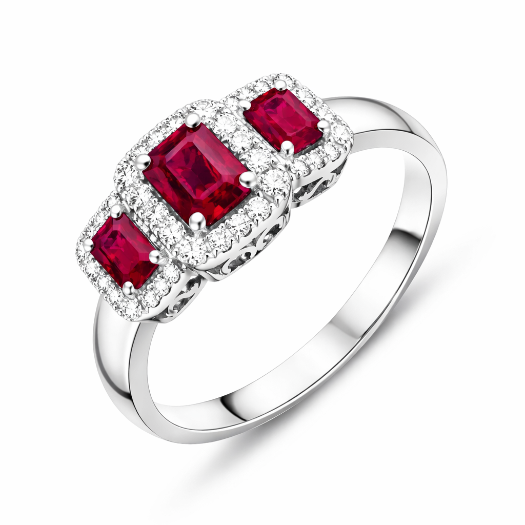 18ct White Gold Ruby Diamond Claw Set Triple Cluster Ring D1390 Image 1