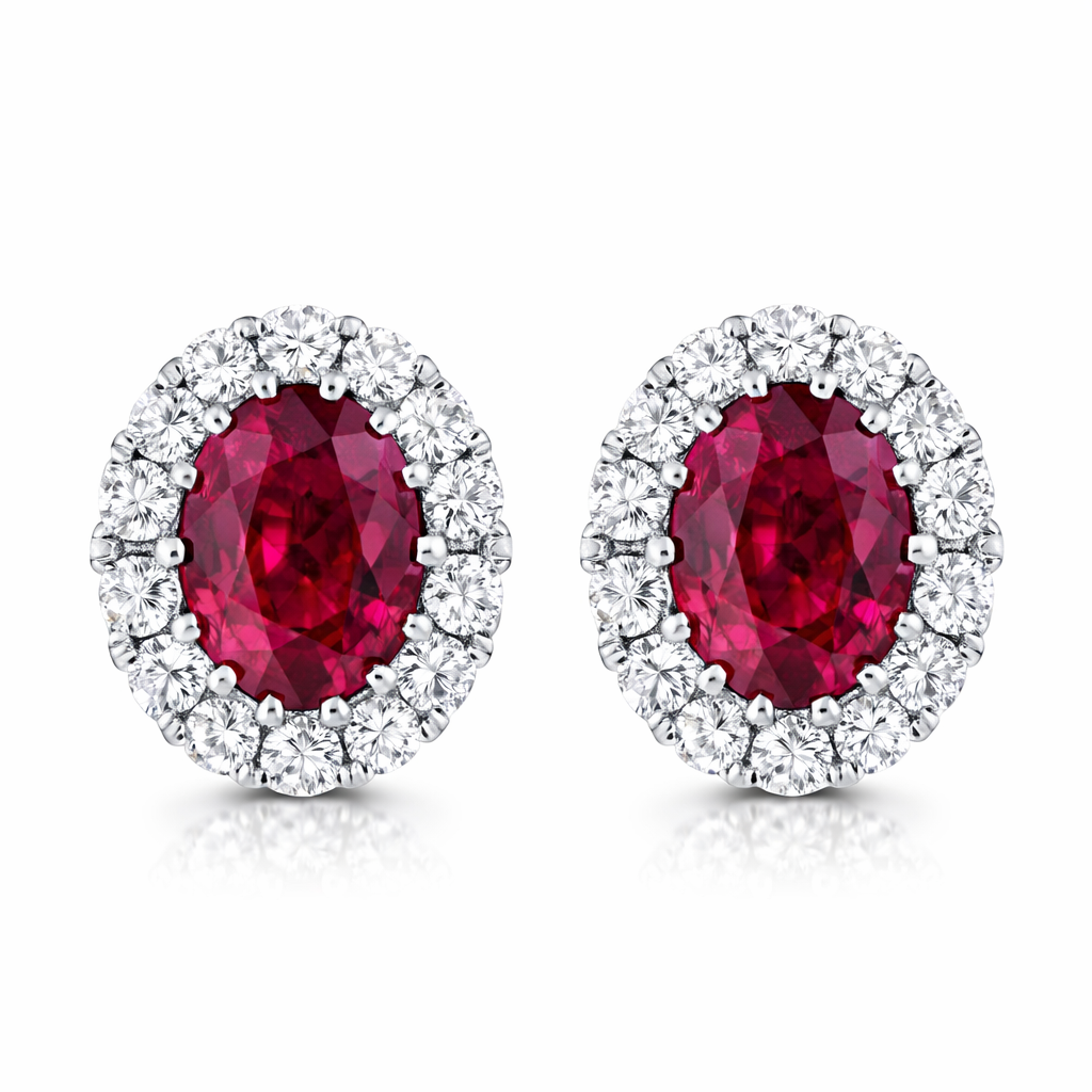 18ct White Gold Ruby Diamond Cluster Oval Stud Earrings 36852 Image 1
