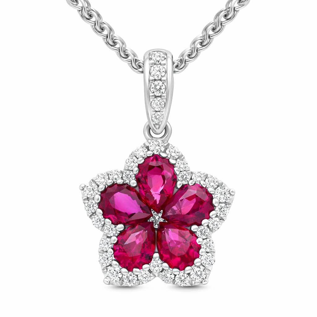 18ct White Gold Ruby Diamond Cluster Pear Cut Flower Pendant DMN-2774 Image 1