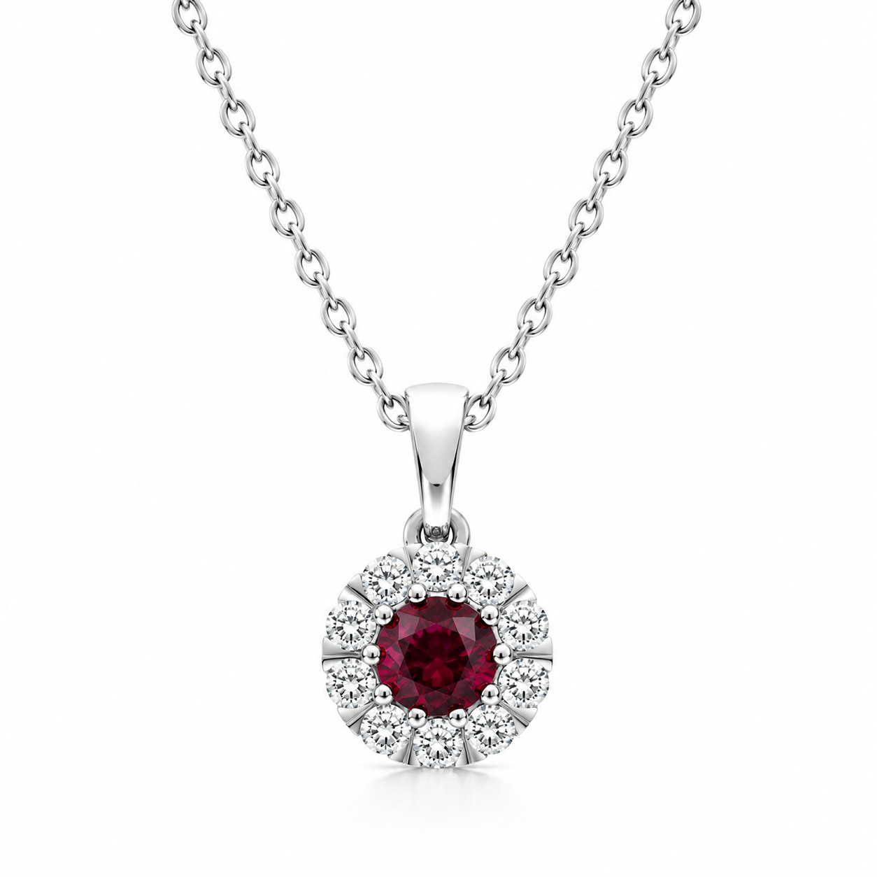 18ct White Gold Ruby Diamond Cluster Pendant