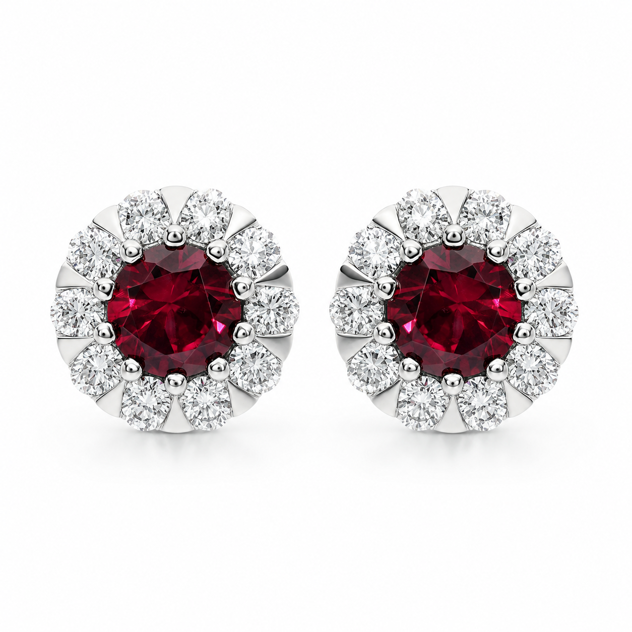 18ct White Gold Ruby Diamond Cluster Stud Earrings